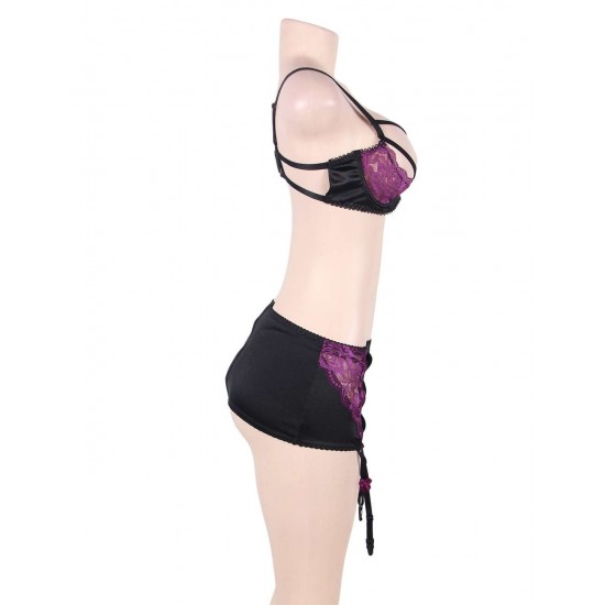 Purple And Black 3 Pcs Open Bust Bra Set With Bra Rim