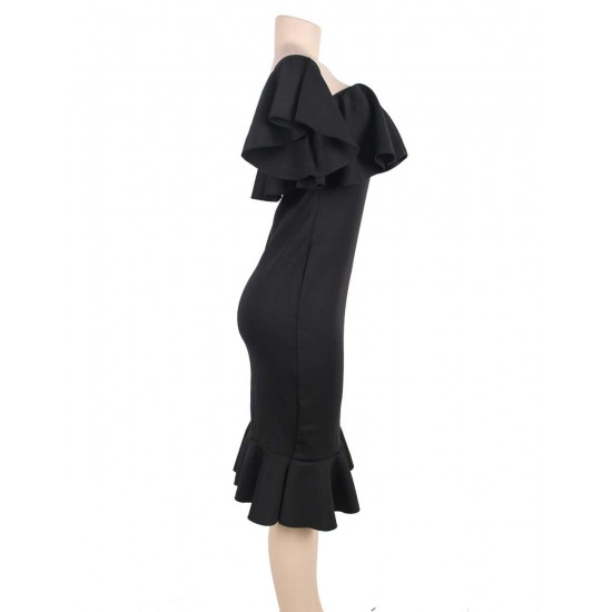 Ruffle Off-Shoulder Midi Black Bodycon Dress