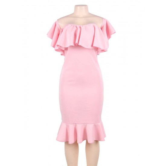 Plus Size Pink Ruffle Off-Shoulder Mermaid Bodycon Dress