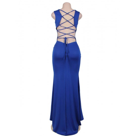 Plus Size Blue Croch Straps Back  Slit Party Gown