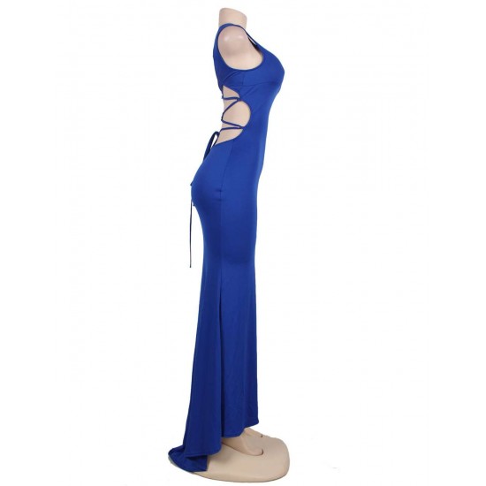 Blue Croch Straps Back  Slit Party Gown