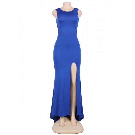 Plus Size Blue Croch Straps Back  Slit Party Gown