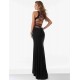 Black Simple Straps Backless Slit Party Gown