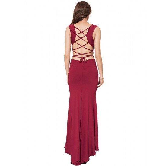 Plus Size Red Croch Straps Back  Slit Party Gown