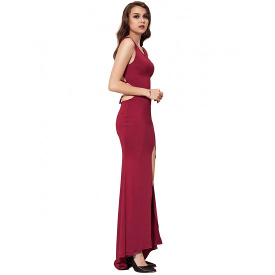 Red Croch Straps Back  Slit Party Gown