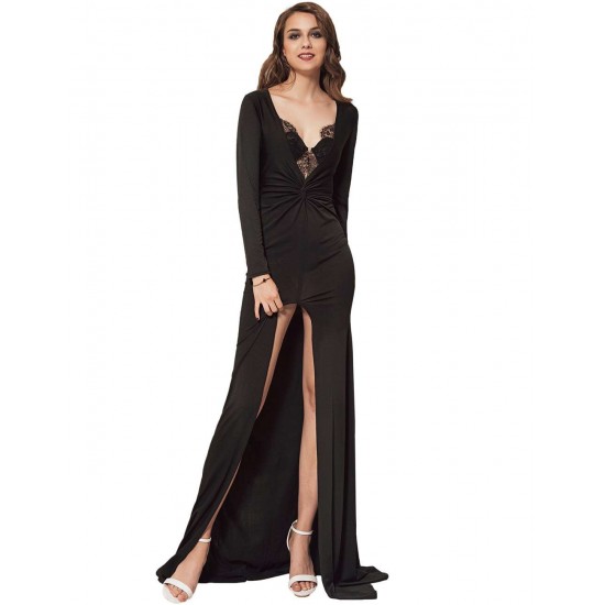 Sexy Long Sleeve Black Lace Trim Party Gown