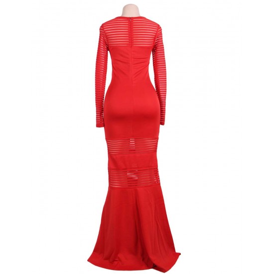 Red Stripe Fishtail Long Sleeve Evening Dress