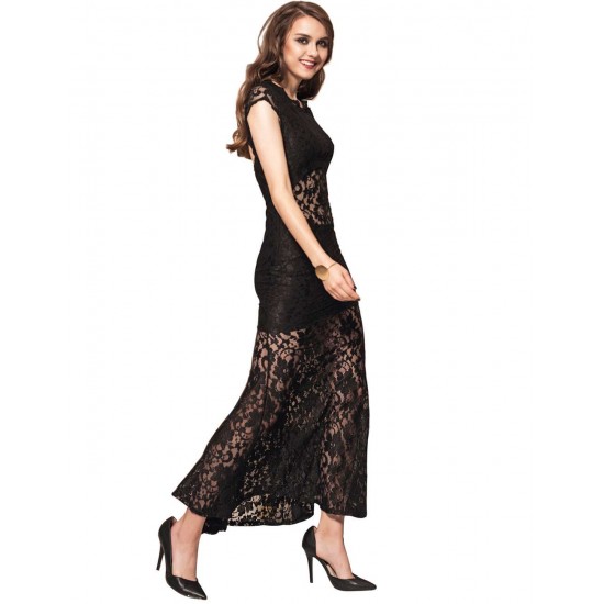 Short Sleeve Black Lace Backless Party Gown