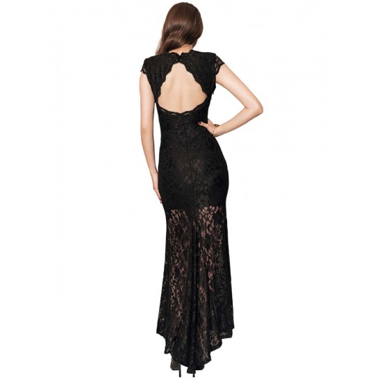 Short Sleeve Black Lace Backless Party Gown