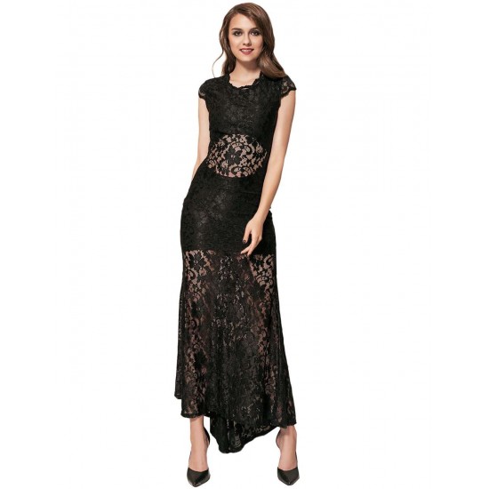 Short Sleeve Black Lace Backless Party Gown