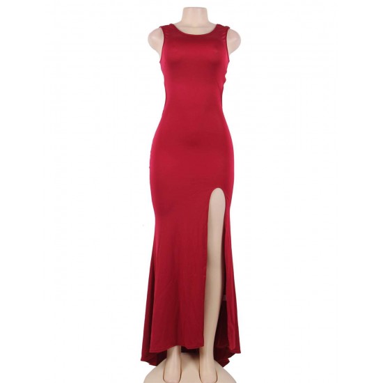 Plus Size Red Croch Straps Back  Slit Party Gown