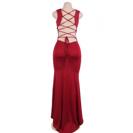 Plus Size Red Croch Straps Back  Slit Party Gown