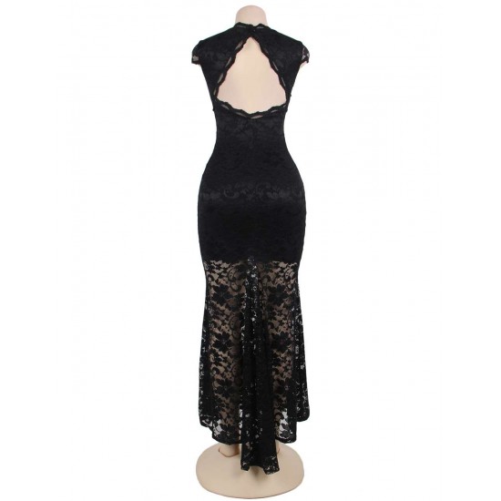 Short Sleeve Black Lace Backless Party Gown