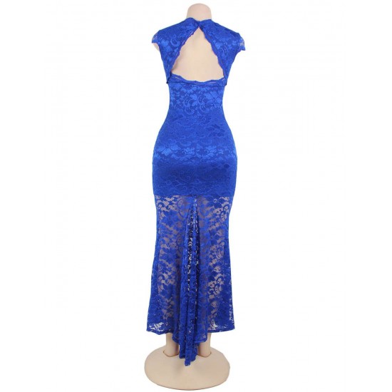 Blue Lace Backless Short Sleeve Party Gown