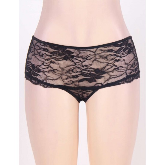 Black Open Crotch Floral Lace Panty