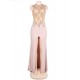 Sleeveless Apricot Floral Mesh Lace Overlay Party Dress