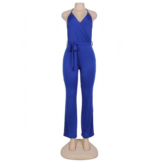 Blue Wide Leg Halter Jumpsuit