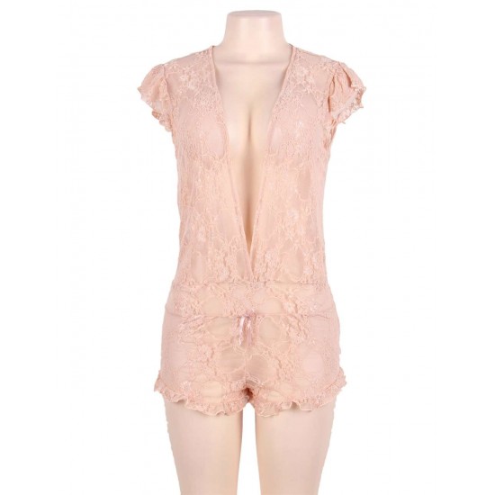 Apricot Lace Deep V Sexy Teddy