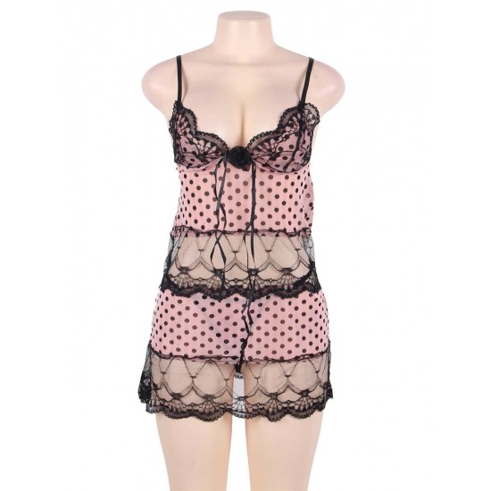 Sweet Polka Dots Lace Stitching Pink Babydoll