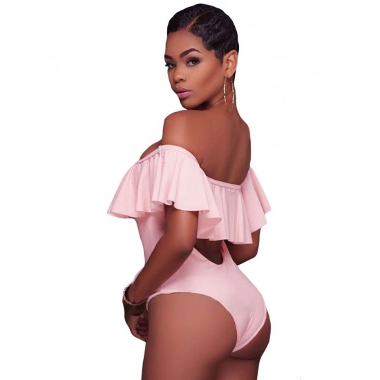 Pink Ruffle Off-The-Shoulder One Piece Swimsuit