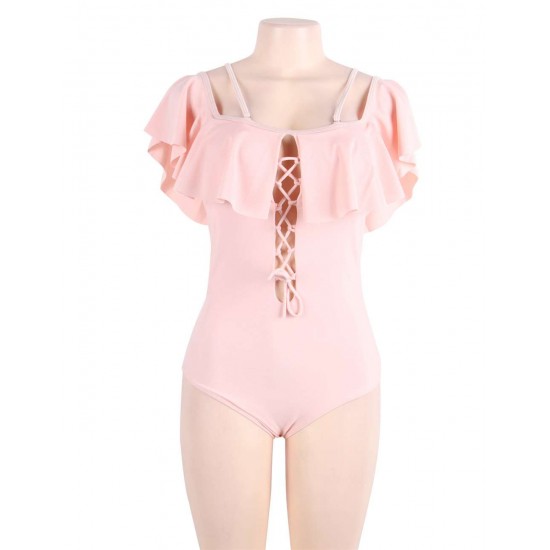 Pink Ruffle Off-The-Shoulder One Piece Swimsuit