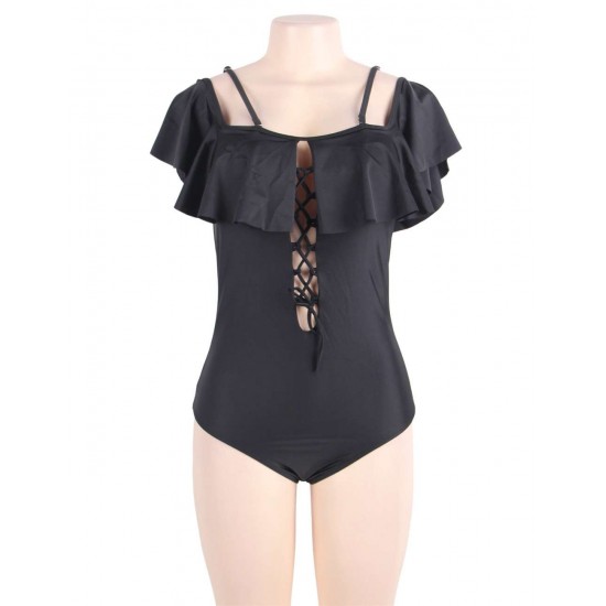 Ruffle Off-The-Shoulder One Piece Black Swimsuit