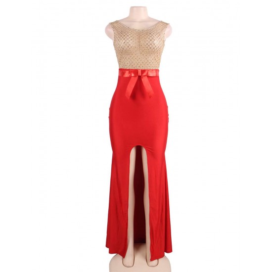 Plus Size Amazing Gold Lace Red Slit Evening Gown