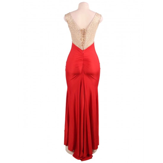 Plus Size Amazing Gold Lace Red Slit Evening Gown