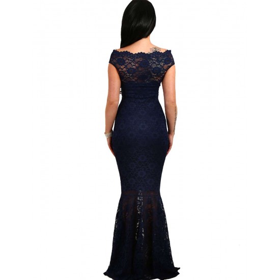 Dark Blue Lace Elegant Fishtail Party Gown For Women