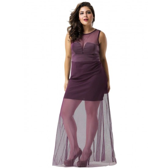 Plus Size Short Dress Sleeveless with Floor Length Sheer Overlay