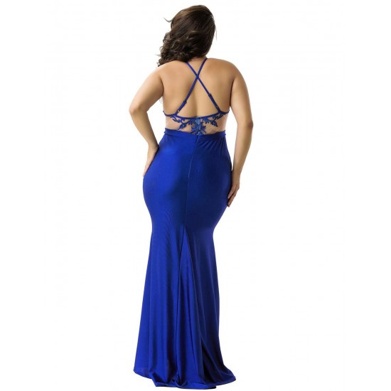 Plus Size Blue Embroidery Elegant Slit Evening Dress