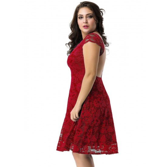 Plus Size Lace Elegant Round Neck Red Bodycon Dress