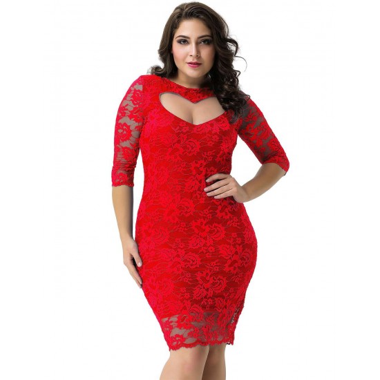 Plus Size Lace Heart Sexy Red Slim Fashion Dress