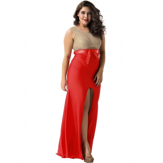 Plus Size Amazing Gold Lace Red Slit Evening Gown