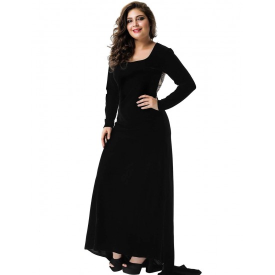 Plus Size Black Long Sleeve Pattern Back Sheer Prom Dress