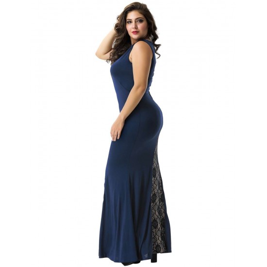 Plus Size Lace Panel Ruffle Dark Blue Maxi Dress