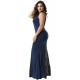 Plus Size Lace Panel Ruffle Dark Blue Maxi Dress