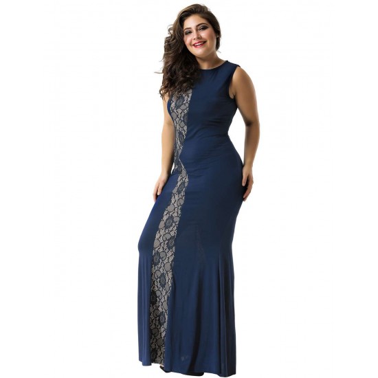 Plus Size Lace Panel Ruffle Dark Blue Maxi Dress