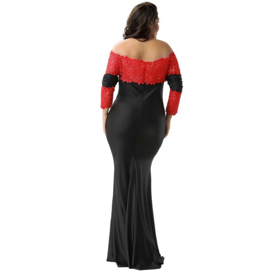 Plus Size Boat Neck Red Lace Evening Gown