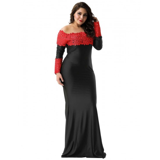 Plus Size Boat Neck Red Lace Evening Gown