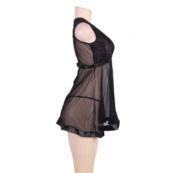 Black Sheer Mesh Babydoll Lingerie Set With G String