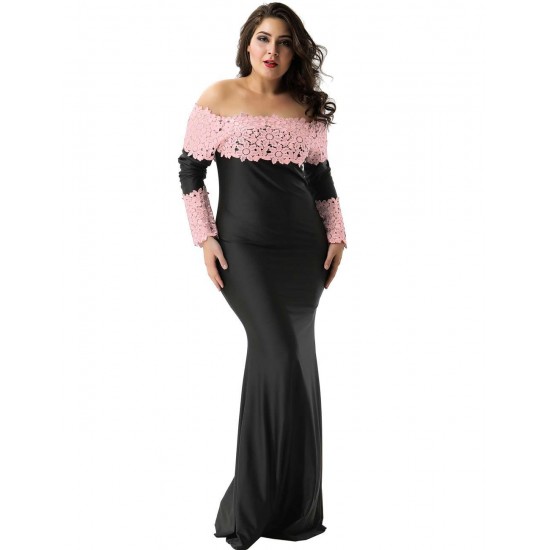 Plus Size Boat Neck Pink Lace Evening Gown