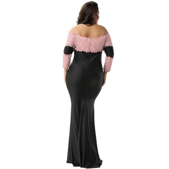 Plus Size Boat Neck Pink Lace Evening Gown