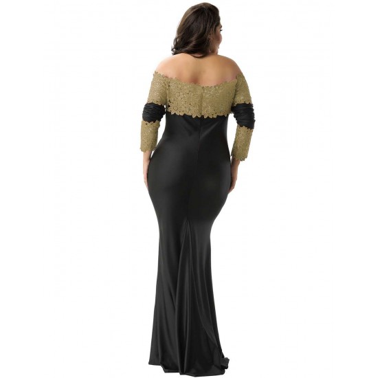 Plus Size Boat Neck Khaki Lace Evening Gown