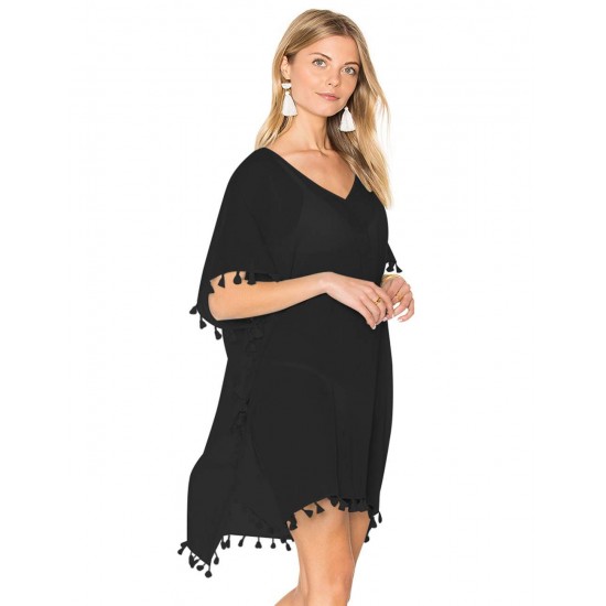 Black Pom Pom Tassel Hem Gauze Cover up