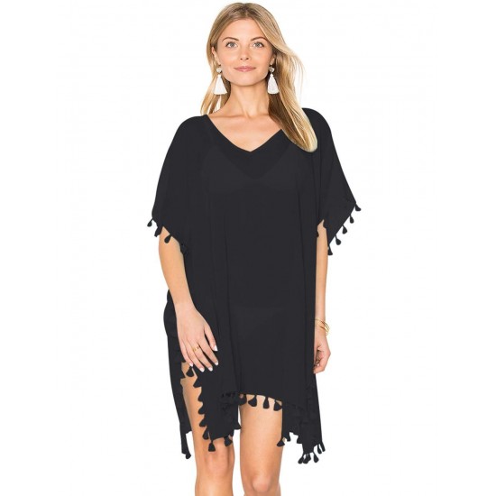 Black Pom Pom Tassel Hem Gauze Cover up