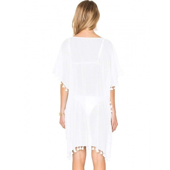 Pom Pom Tassel Hem White Gauze Cover up