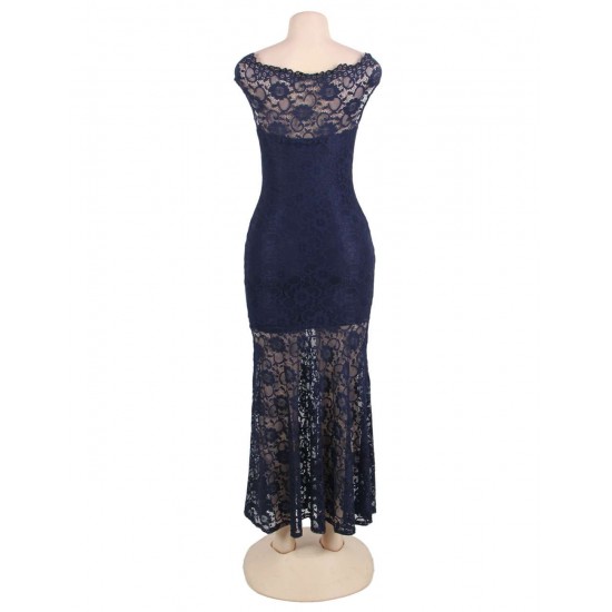 Dark Blue Lace Elegant Fishtail Party Gown For Women