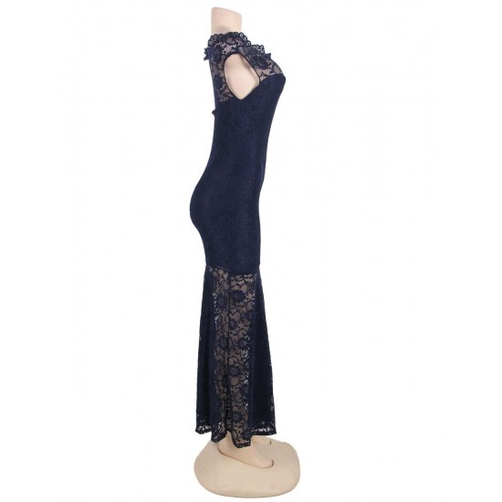 Dark Blue Lace Elegant Fishtail Party Gown For Women