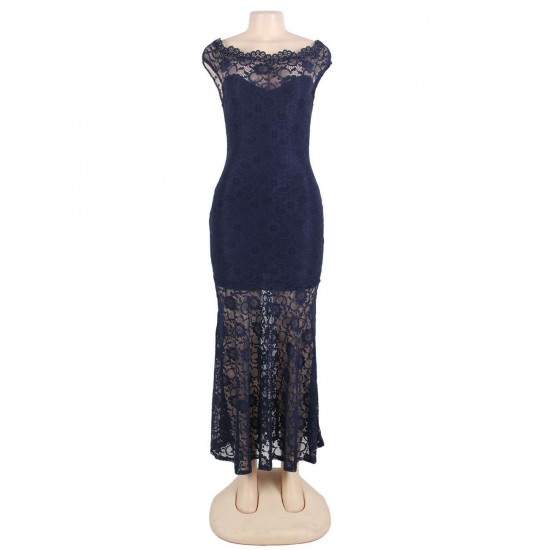 Plus Size Dark Blue Lace Elegant Party Gown